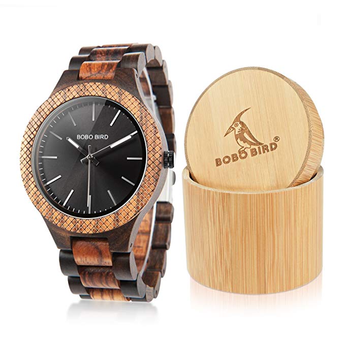 BOBO BIRD Men's Retro Zebra Wooden Watch, Large Size Quartz Watch with Black Face Wristwatch Best Gift