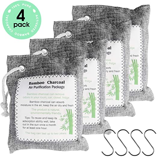 Artmi Bamboo Charcoal Air Purifying Bags, Charcoal Bags Natural Odor Bamboo Air Purifier Cars Closet Bathroom, Activated Charcoal Air Purifying Bags with 4 Hooks , 4x200g