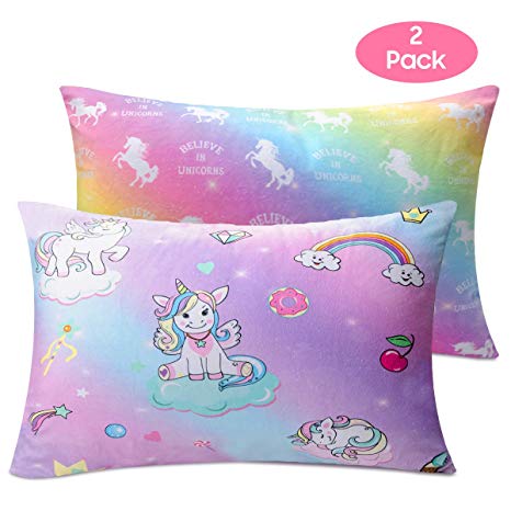 Nidoul Toddler Girls Pillowcase, 2 Pack Unicorn Rainbow Pillowcases, 14”x19” for 13”x18”, 12”x16” Pillow, Ultra Soft Velvet Bedding Pillow Case Cover for Home Travelling