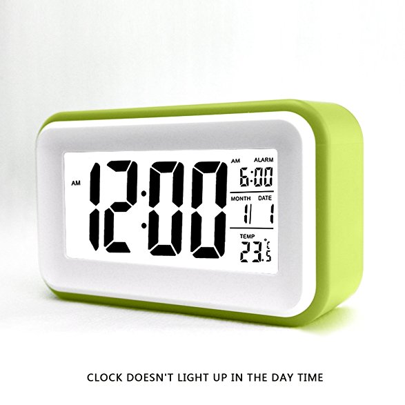 HITO 6” Alarm Clock w/ Date and Temperature Display, Repeating Snooze, Light-activated Sensor Light and Touch-activated Nightlight- Batteries/ USB powered (Green)