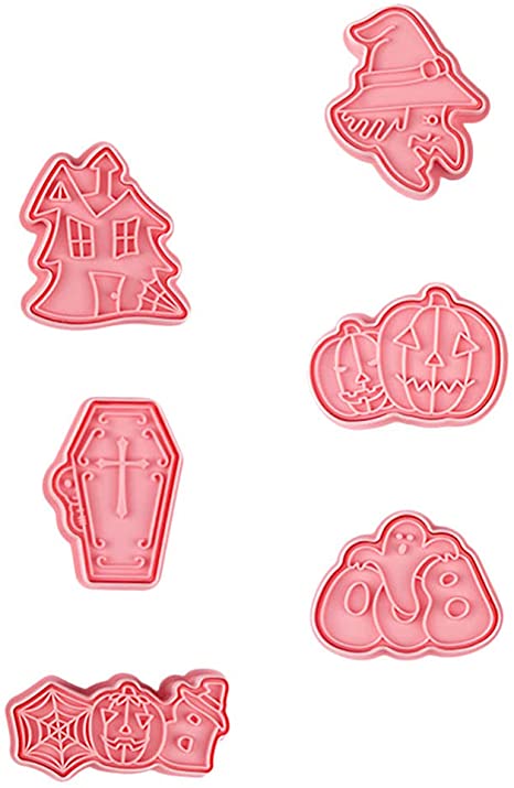 DOITOOL Halloween Cookie Cutters Set, 6Pcs Fondant Cutters Plunger Plastic Halloween Cookie Stamps Biscuit Mold, Tomb, Witch, Pumpkin, Castle, Ghost, Spider Web