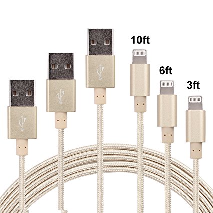 ZOYOL 3Pack (3FT 6FT 10FT) [Apple MFI Certified]Nylon Braided iPhone Lighting to USB Cable Tangle Free Durable 8 Pin Charging cord and Sync Cable for iPhone 6/6s/5/5s/5c,iPad,iPad mini,Gold