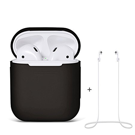 Airpods Case, Airpods Strap, Airpods Silicone Protective Cover with Earphone Sports Anti-lost Strap, Apple Airpods Charging Case (Black)