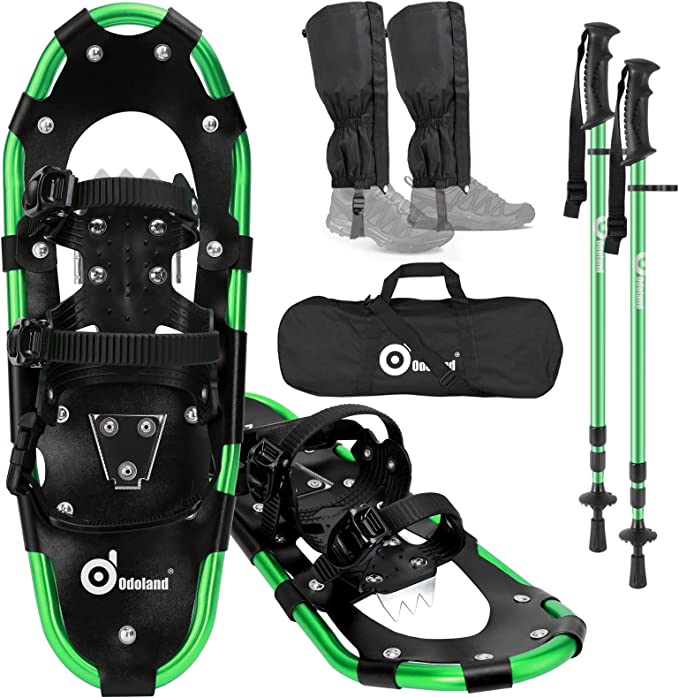 Odoland 4-in-1 Snowshoes for Men Women Youth Kids with Trekking Poles, Waterproof Snow Leg Gaiters and Carrying Tote Bag, Lightweight Snow Shoes Easy to Wear Aluminum Alloy, Size 21''/25''/30''