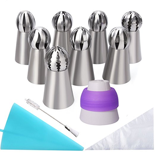 WEBSUN Russian Ball Piping Tips 21 PCS Cake Decorating Tips Set, 8 Stainless Steel Sphere Ball Piping Tips 1 Tri-Color Coupler 11 Pastry Bags 1 Cleaning Brush