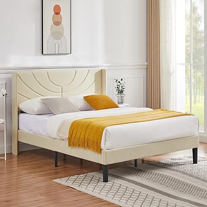 VECELO Queen Size Upholstered Platform Bed Frame with Fabric Headboard,Wooden Slats Support/No Box Spring Needed/Mattress Foundation/Easy Assembly,Beige