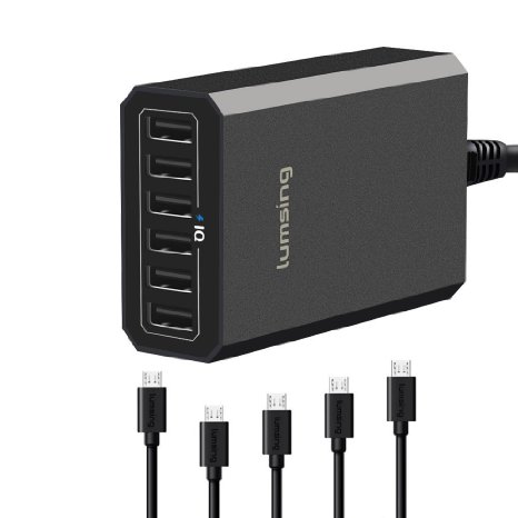 Desktop Charger- Lumsing 60W 6-port Desktop USB Charger   5 Micro USB to USB Cables for Samsung Galaxy, Nexus, HTC, Smartphones and Tablets (Black)