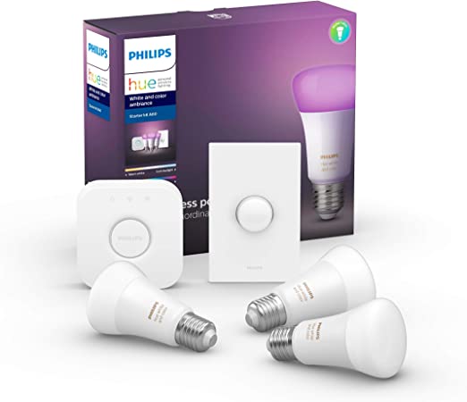 Philips Hue White and Color LED Smart Button Starter Kit E27, 3 A60 Smart Bulbs, 1 Smart Button and 1 Hue Hub (Compatible with Alexa, Apple HomeKit and Google Assistant)