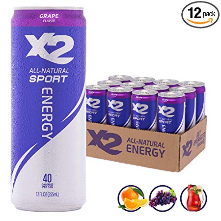 X2 All Natural Sport Hydrating Energy Drink: Great Tasting Non-Carbonated Sports Energy Drinks with Coconut Water – 9 Grams of Sugar, 40 Calories - No Artificial Ingredients - Grape - Pack of 12
