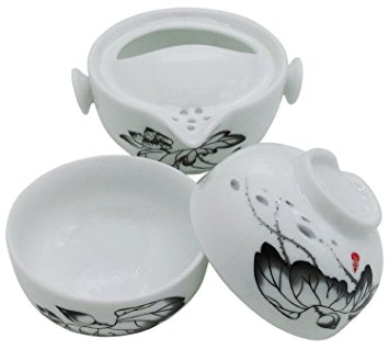 Teagas Portable White Porcelain Gongfu Tea Set,Decorative Pattern(Lotus Flower)