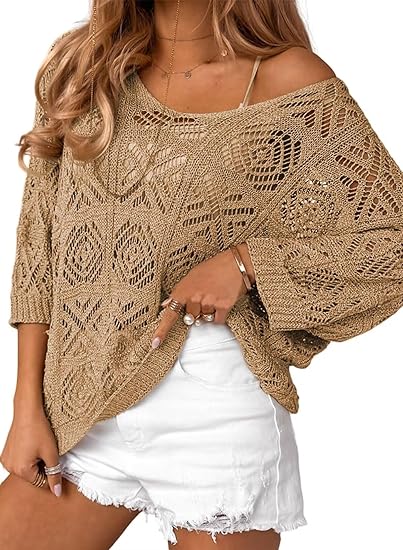 Dokotoo Women's 2024 Spring Summer Crochet Hollow Out 3/4 Sleeve Pullover Sweater Off Shoulder T-Shirts