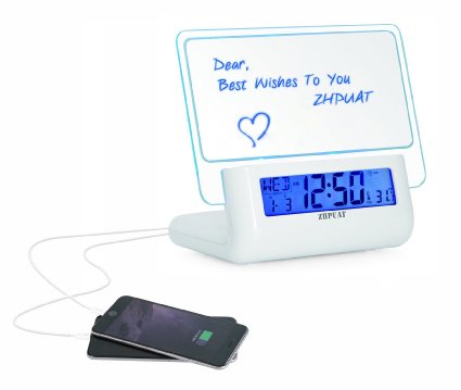 ZHPUAT Multifunctional Morning Clock, Message Board, 2 Ports Charger, Smart Voice, Light Up, Alarm, Snooze, DC and Batteries Dual Power. Color White   Blue Light