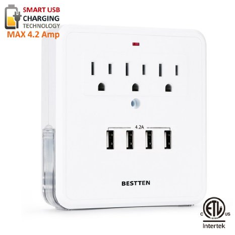 Bestten Charging Center-Wall Mount Surge Protector with 42A Four 4 USB Charging Ports 3 AC Outlets and 2 Slide Out Phone Holders ETL Certified