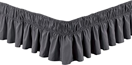 Wrap Around 21" inch Long Fall Dark Grey Ruffled Elastic Solid Bed Skirt Fits All Queen, King and Cal King Size Bedding High Thread Count Microfiber Dust Ruffle, Soft & Wrinkle Free.