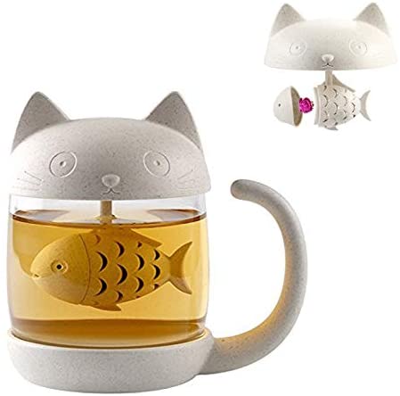 Cat Glass Tea Mug Water Bottle-with Fish Tea Infuser Strainer Filter 250ML（8OZ） (White)