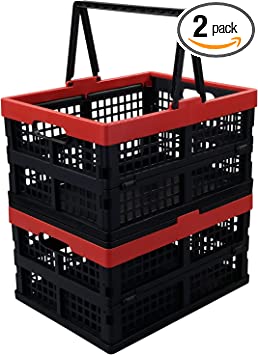 Cand 14 L Plastic Folding Storage Crate, Collapsible Shopping Basket with Handle, 2 Packs