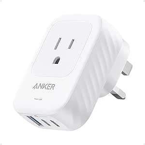 USA to UK International Plug Adapter, Anker Travel Adapter, 15W Max with 2 AC, 2 USB-C, and 1 USB-A Port, Ideal for iPhone 15, iPad Air, and More, Compact for Travel, Cruise (TUV Listed)