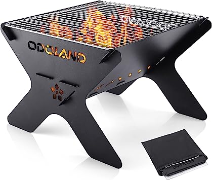 Odoland Camping Fire Pit, Portable Fire Pit for Camping, 2 in 1 Wood Burning Fire pit Grill with Detachable Cooking Grate for Outside BBQ, with Carry Bag