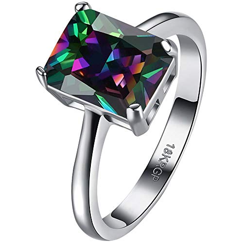 LWLH Womens Platinum Plated Square Princess Cut Mystic Rainbow Topaz Solitaire CZ Engagement Wedding Ring