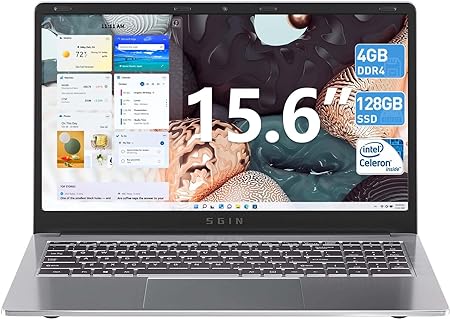 SGIN Laptop Computer, 4GB DDR4 RAM 128GB SSD Notebook, 15.6 Inch Laptop with Intel Celeron Qaud-Core Processor, Intel UHD Graphics 600, Webcam, Wi-Fi, Bluetooth 4.2, USB3.0, Mini HDMI