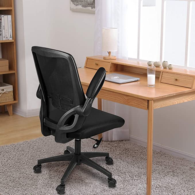 Bigzzia Office Desk Chair, Flip-up Armrest Ergonomic Chair Mesh Computer Chair with 360° Rotation Seat and Adjustable Lumbar Support (Black)