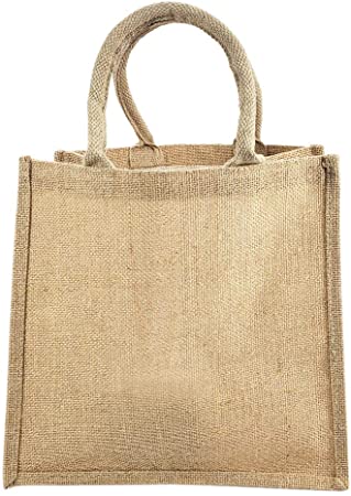 Jute Burlap Tote Bags Soft Cotton Handles Laminated Interior Reusable Grocery Shopping Bags w/Full Gusset by TBF Bags (Pack of 6, Medium - 12" x 12" x 7.75")