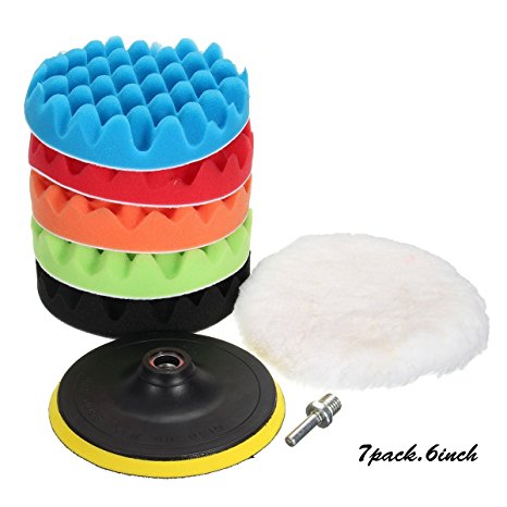 MATCC 7Pcs 3/5/6/7'' Polishing pads,Sponge and Woolen Polishing Waxing Buffing Pads Kits with M10 Drill Adapter, 6inchs