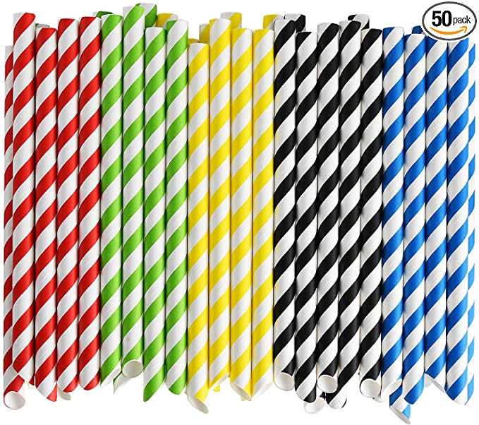 ALINK Paper Boba Straws, 4-Layer Heavy Duty, 12mm Extra Wide Striped Smoothie Straws - Pack of 50