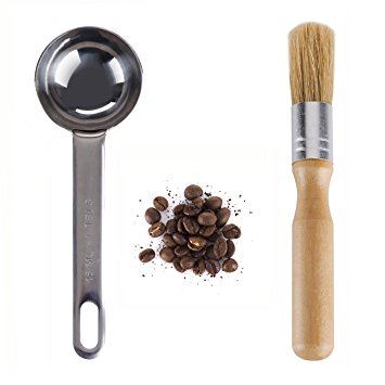 Coffee Grinder Cleaning Brush and Stainless Steel Coffee Scoop Measuring 1 Tablespoon by Chephon, 2-In-1 Value Pack