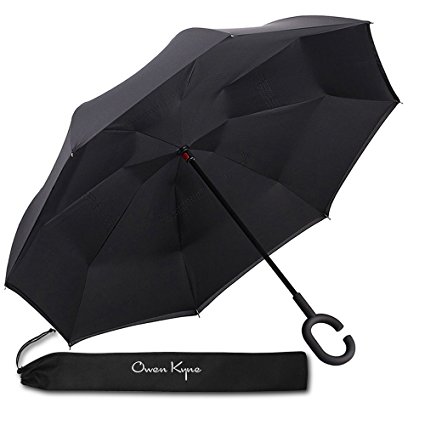 Windproof Double Layer Folding Inverted Umbrella, Self Stand Upside-down Rain Protection Car Reverse Umbrellas with C-shaped Handle