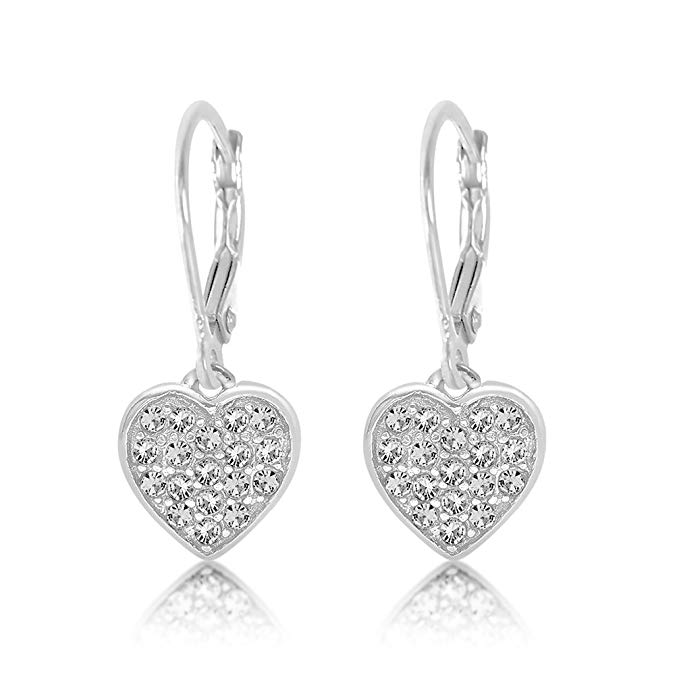 Kids Earrings - 925 Sterling Silver with a White Gold Tone Classic Clear Heart Secure Leverback Earrings kids, children, girls, baby Made With Swarovski Elements