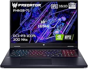 Acer Predator Helios 18 PHN18-71-98EF, Ordinateur Portable Gaming 18" WQXGA IPS 165Hz, PC Portable Gamer (Intel Core i9-14900HX, RAM 32Go, 1024 Go SSD, NVIDIA GeForce RTX 4070, Windows 11) - Noir