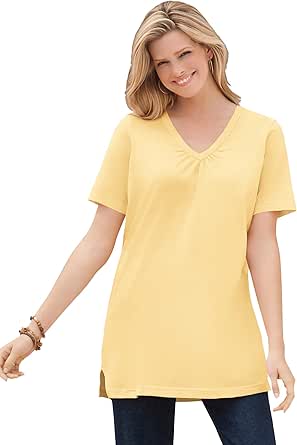 Woman Within Women's Plus Size Perfect Short-Sleeve Shirred V-Neck Tunic