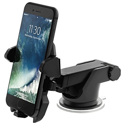 Kimitech Car Mount Mobile Phone Holder with Telescoping Long Arm Quick Release Button Vacuum Chuck with stickiness for smartphones of different sizes, gps, PDA and mp4, Black (BLACK)