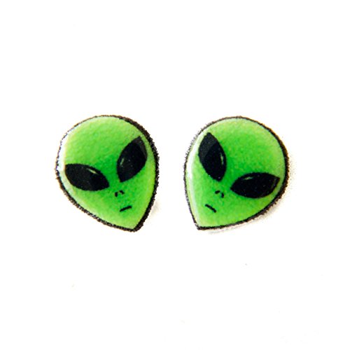 90s Grunge Alien Head Earrings in Green, UFO rave jewelry and fashion accessory