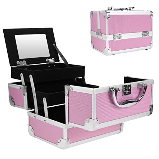 Jaketen Professional Small Makeup Train Case - Cosmetic Box with Adjustable Dividers - Aluminum Make Up Artist Organizer Kit With Mirror Jewelry Box - 3 Extendable Trays (Pink)