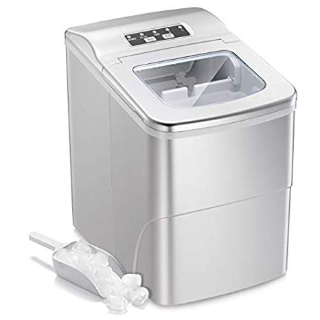 AGLUCKY Portable Ice Maker Machine Stainless Steel Covers,Countertop Automatic Ice Maker,26lbs/24hr,9pcs S/L Size Ice Cube Ready in 6-13 Mins,1.5lbs Ice Storage with Ice Scoop,Indicator Function,White