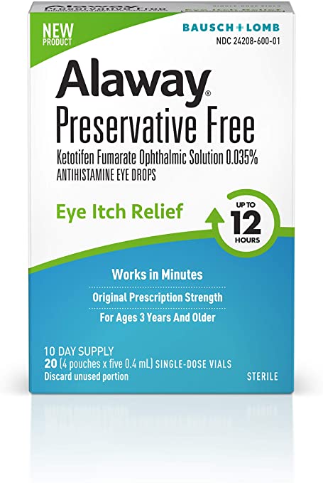 Alaway Allergy Eye Drops, Preservative Free Antihistamine Eye Drop for up to 12 Hours of Dry Eye and Eye Itch Relief, 20 Single-Dose Vials