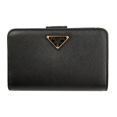 Prada Black Saffiano Leather W/Triangle Logos Bi-Fold Wallet 1ML225 Nero