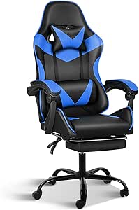 YSSOA Gaming Office High Back Computer Ergonomic Adjustable Swivel Chair with Headrest and Lumbar Support, 440lb Capacity, White, Black/Blue with Footrest