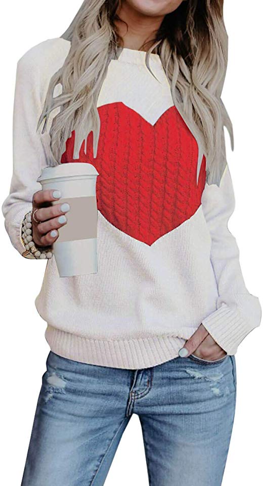 Elegantcharm Women's Pullover Sweaters Knitted Long Sleeve Crewneck Heart Patchwork Jumper Cozy Tops