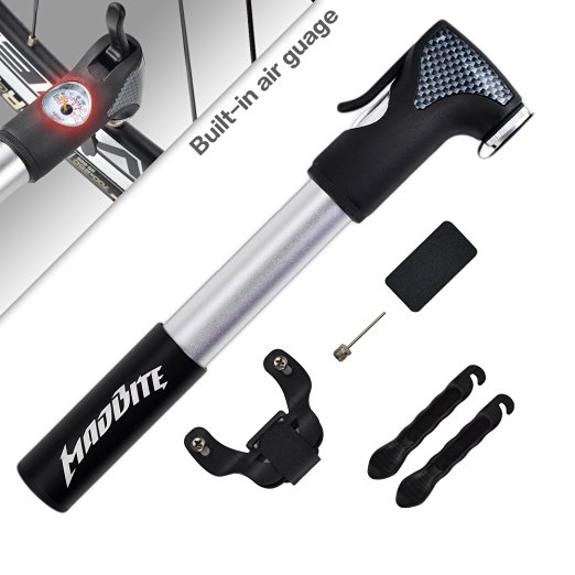 MadBite Mini Bike 6-Piece Glueless Puncture Repair Kit (Air Pump 120PSI Telescopic, Built-in Air Gauge, 2 Tire Bars, 1 Inflation Needle) Fits Presta and Schrader Air Valves