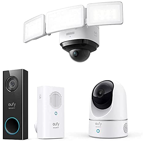 eufy Security Floodlight Cam 2 Pro, 360-Degree Pan and Tilt Coverage & 2K Resolution Wired Video doorbell Camera & 2K Pan and Tilt Security Indoor Camera