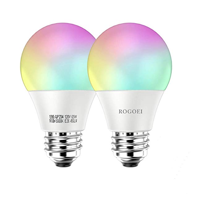 ROGOEI Smart WiFi Led Light Bulbs 6.5W RGB&W Warm White(3000K), E26 Dimmable Multi-Color Led,No Hub Required，Compatible with Amazon Alexa & Google Assistant & IFTTT (2PC Pack)