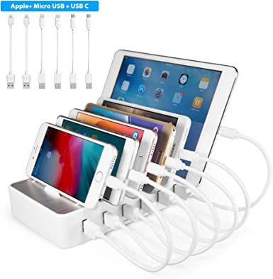 TechDot Charging Station for Multiple Devices 6 Port USB Multiple Charger Docking Station Cellphone Charging Station, Including 6 Short Cables, White