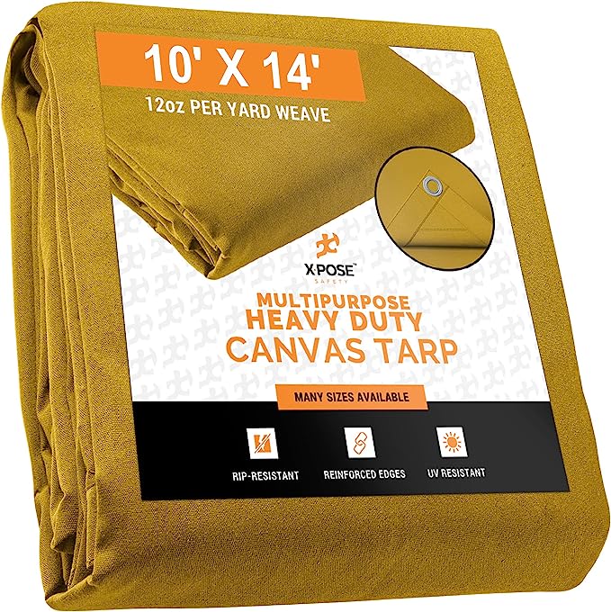 Xpose Safety Canvas Tarp - Tan 10' x 14' Duck Canvas Heavy Duty 12 oz Waterproof with Brass Grommets, Multipurpose Outdoor Waxed Tarpaulin for Camping, Canopy Tent, Trailer, Machinery, Equipment Cover