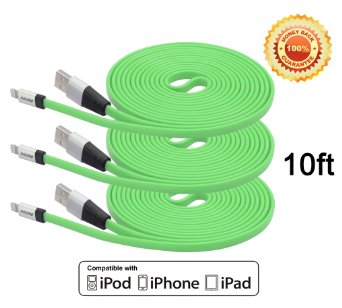 BestfyTM3Pack 10FT Extra Long Tangle-Free 8pin to USB Sync Data and Charging Cable Cord With Aluminum Connector for iPhone 66s6s Plus6 Plus55c5s iPad and iPod Green