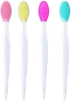 4 Pieces Silicone Exfoliating Lip Brush Tool Double-sided Soft Lip Brush for Smoother and Fuller Lip Appearance (Pink, Red, Green, Yellow)