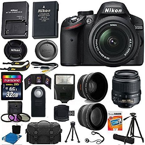 Nikon D3200 24.2 MP CMOS Digital SLR Camera (Black) 18-55mm f/3.5-5.6G ED II AF-S DX Zoom Autofocus Lens   2x Professional Lens   HD Wide Angle Lens   32GB Bundle International Version (No Warranty)