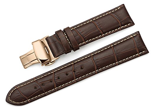 iStrap 24mm Genuine Leather Strap Butterfly Deployment Buckle Watch Band for Rose Gold Cases Brown